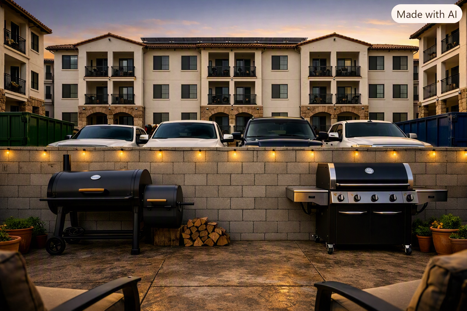 AI render of the proposed Ventura Ranch complex as seen from a Bounds Road backyard: three-story building looming over the block wall with parking lot, dumpsters, and cars immediately adjacent